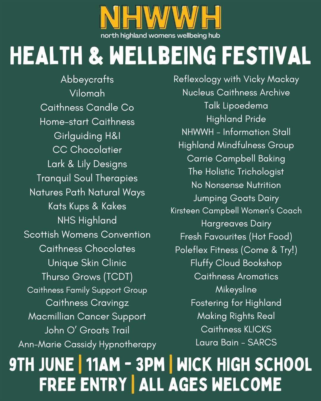 Poster for the NHWWH Health and Wellbeing Festival taking place in Wick in June.