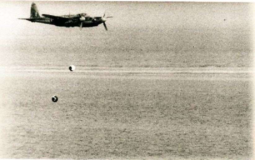 Dropping Highballs in a test run. There may be 50 dummy bombs still lying in Sinclair's Bay.