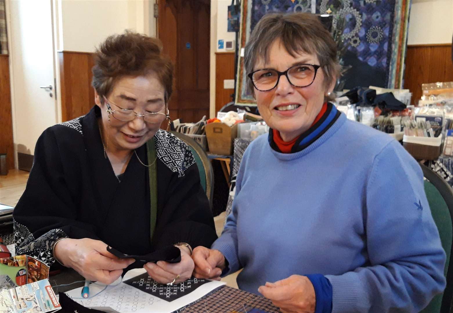 Annie MacDonald, Dornoch, learns the art of sashiko from Yuza teacher Reiko Dornon at the 2020 Dornoch Fibre Fest.