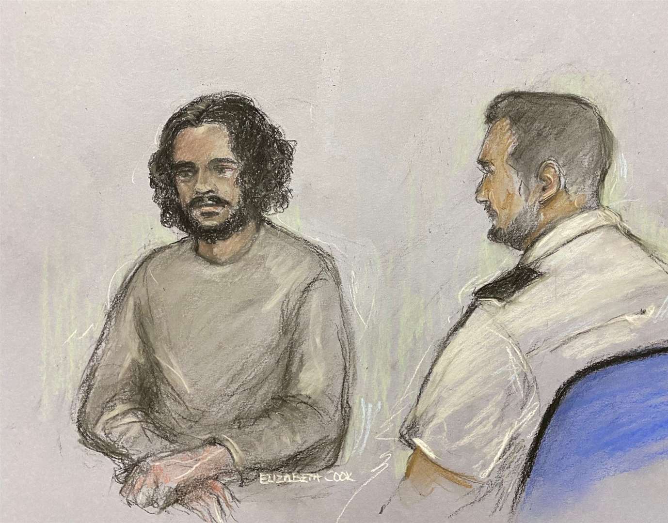 Court artist sketch of Edward Little appearing at the Old Bailey in London accused of plotting a terror attack at Hyde Park in London. (Elizabeth Cook/PA)