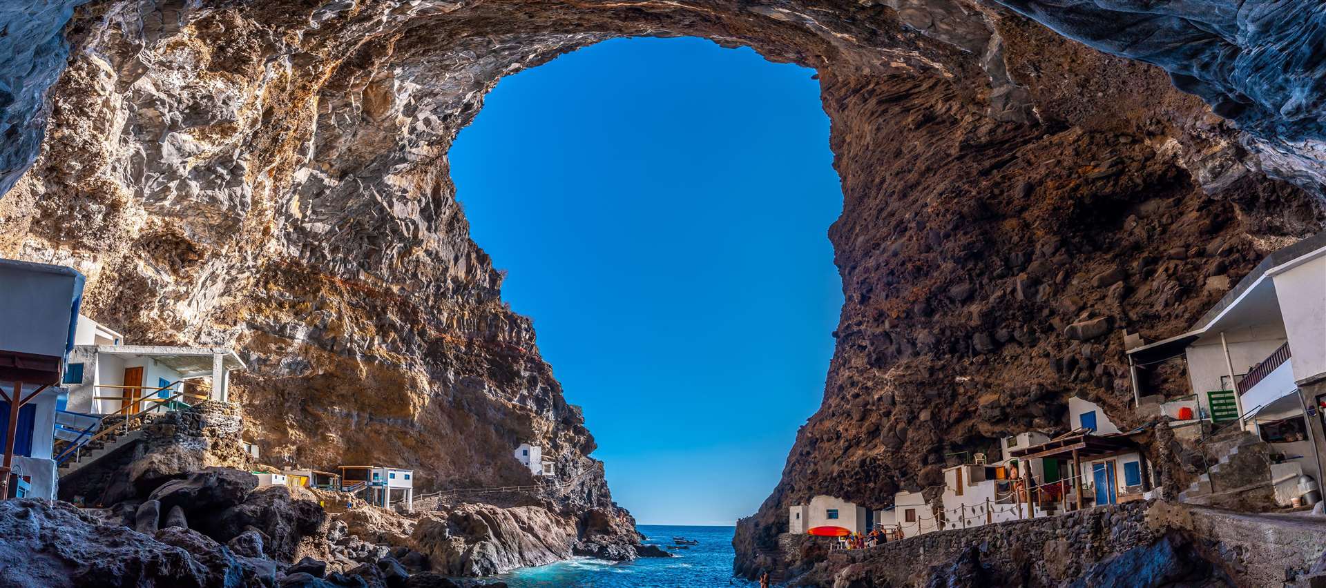 Panoramic view from the spectacular interior of the cave of the town of Poris de Candelaria on the north-west coast of the island of La Palma, Canary Islands. Spain.