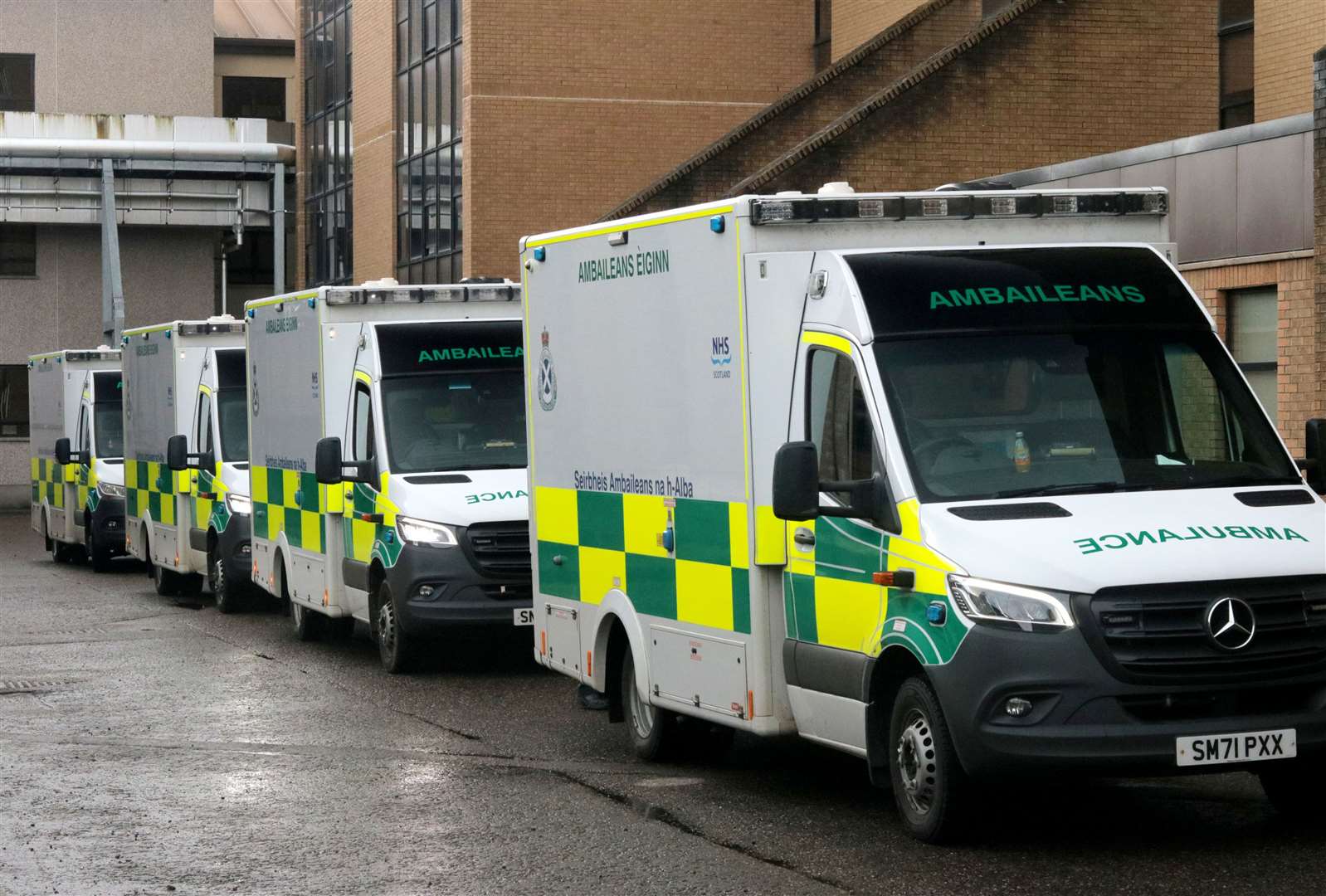 A queue of ambulances outside Raigmore.