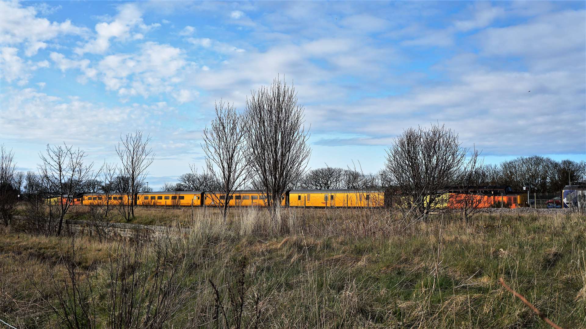 The brightly coloured track inspection train sits at Wick railway station on a recent Sunday afternoon. Picture: DGS
