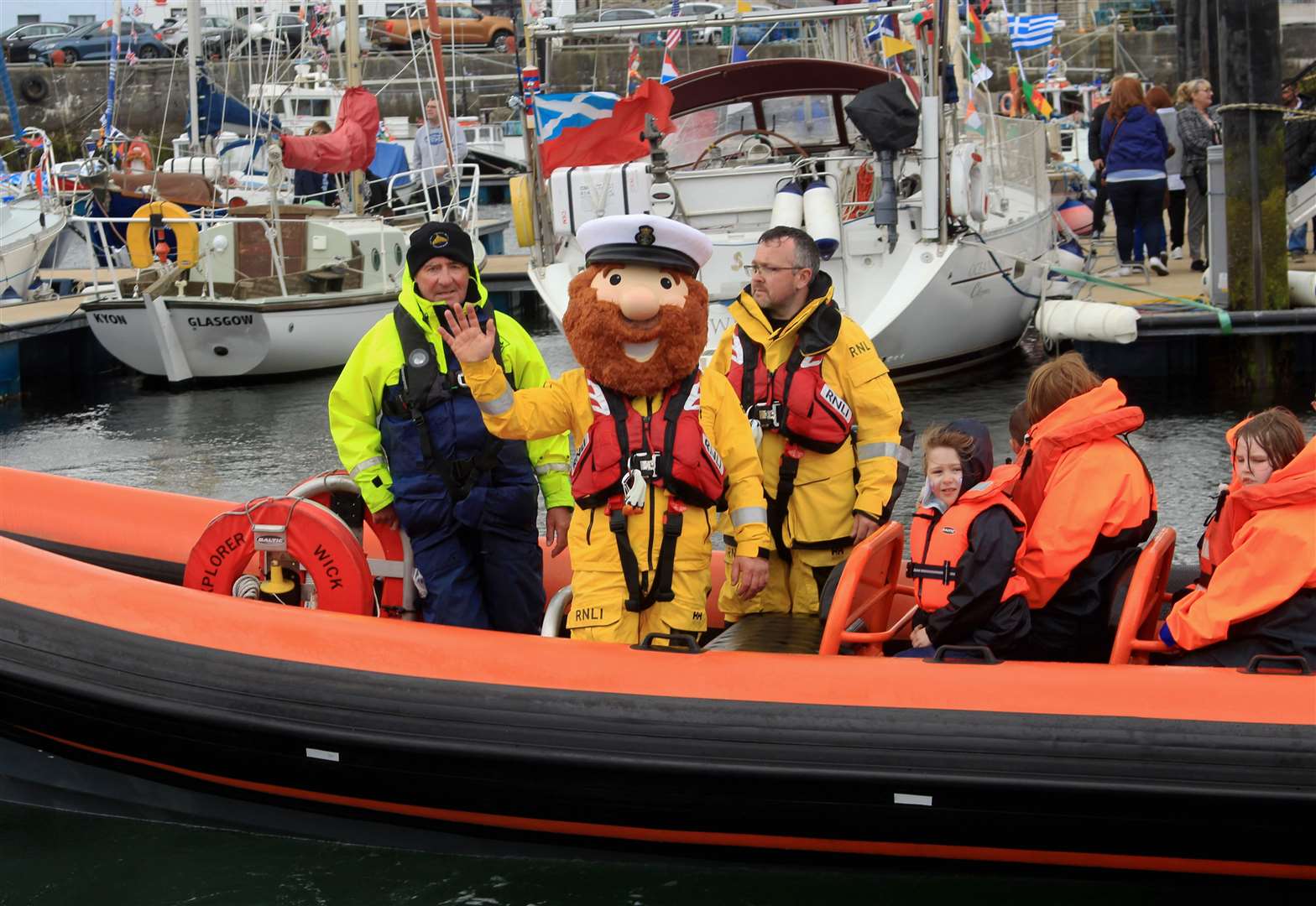 RNLI mascot Stormy Stan on the Caithness Seacoast RIB which was providing tours around the harbour. Picture: Alan Hendry