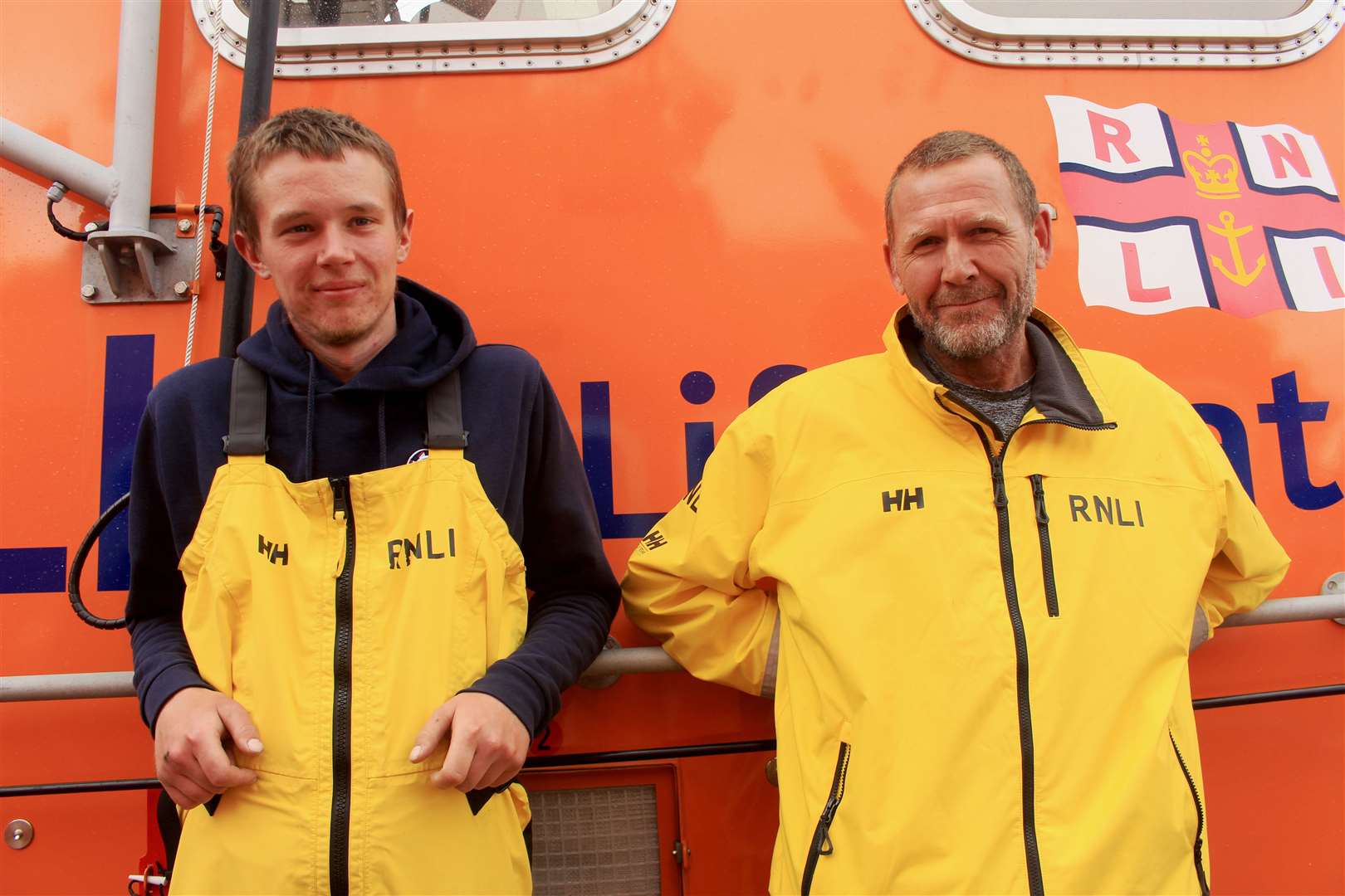 Longhope lifeboat crew members Euan Dougall and Alan Mackinnon came over to Wick for the RNLI Harbour Day. Picture: Alan Hendry