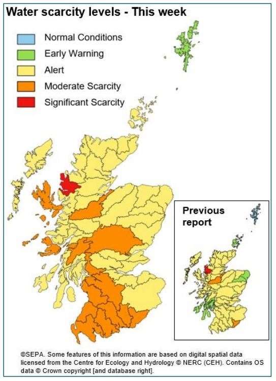 The latest water scarcity map from Sepa, which shows all parts of Scotland bar Shetland are now at 'alert' level or higher.