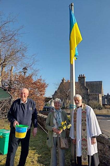 Alistair Risk with Rotary club president Linda Graham and Rev Canon Dr James Currall, Episcopal priest in charge of congregations at Tain, Brora, Lairg and Tongue. A Service of Peace was held at St Columba's Episcopal Church, Brora, on Sunday afternoon.