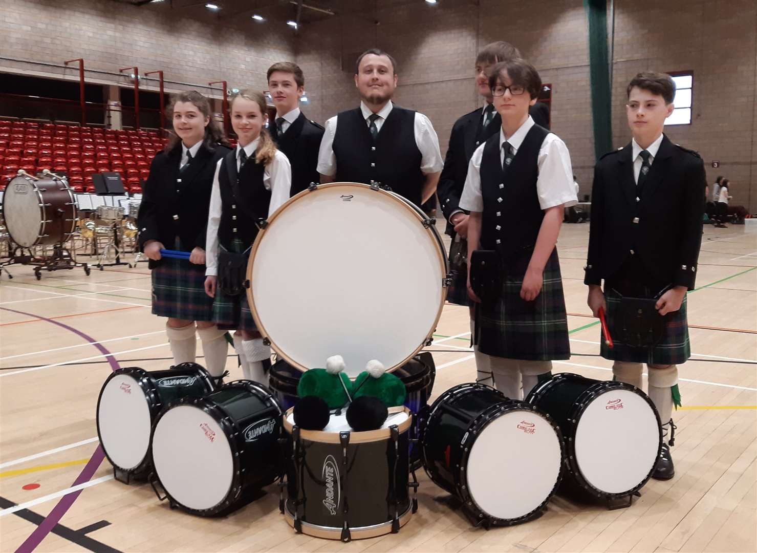 A group of seven drummers from Dornoch Pipe Band made up 50 percent of the drum core in a Highland Youth Pipe Band