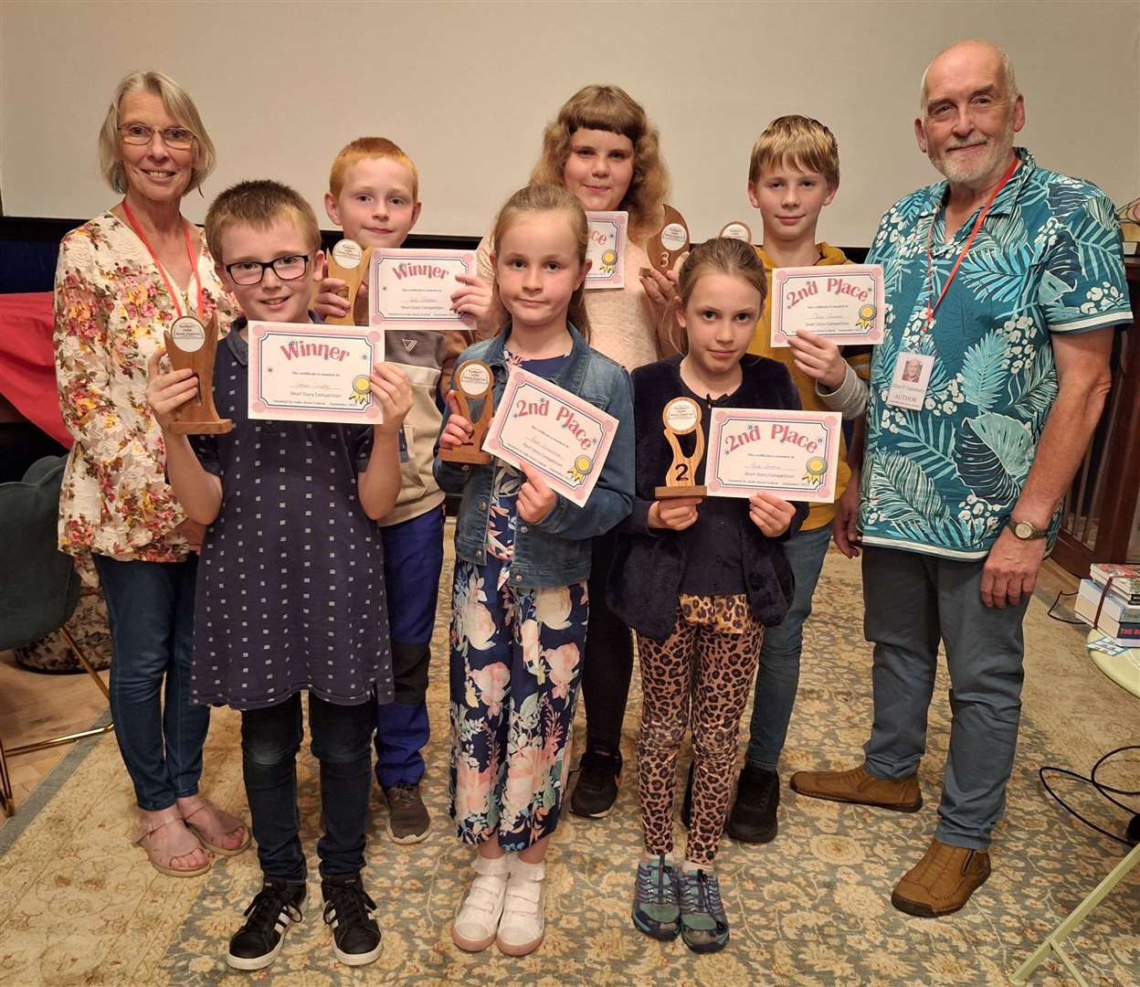 Glyn Salisbury and Carolyn Bilyard with winners from Caithness who were present to receive their awards and certificates on the night. Back row, from left: Jack Robertson, Larissa McPhee and Oliver Currums, all Castletown. Front row, from left: Connor Crossley, Watten, Reese Sutherland, Wick and Paige Stoneman, Castletown.