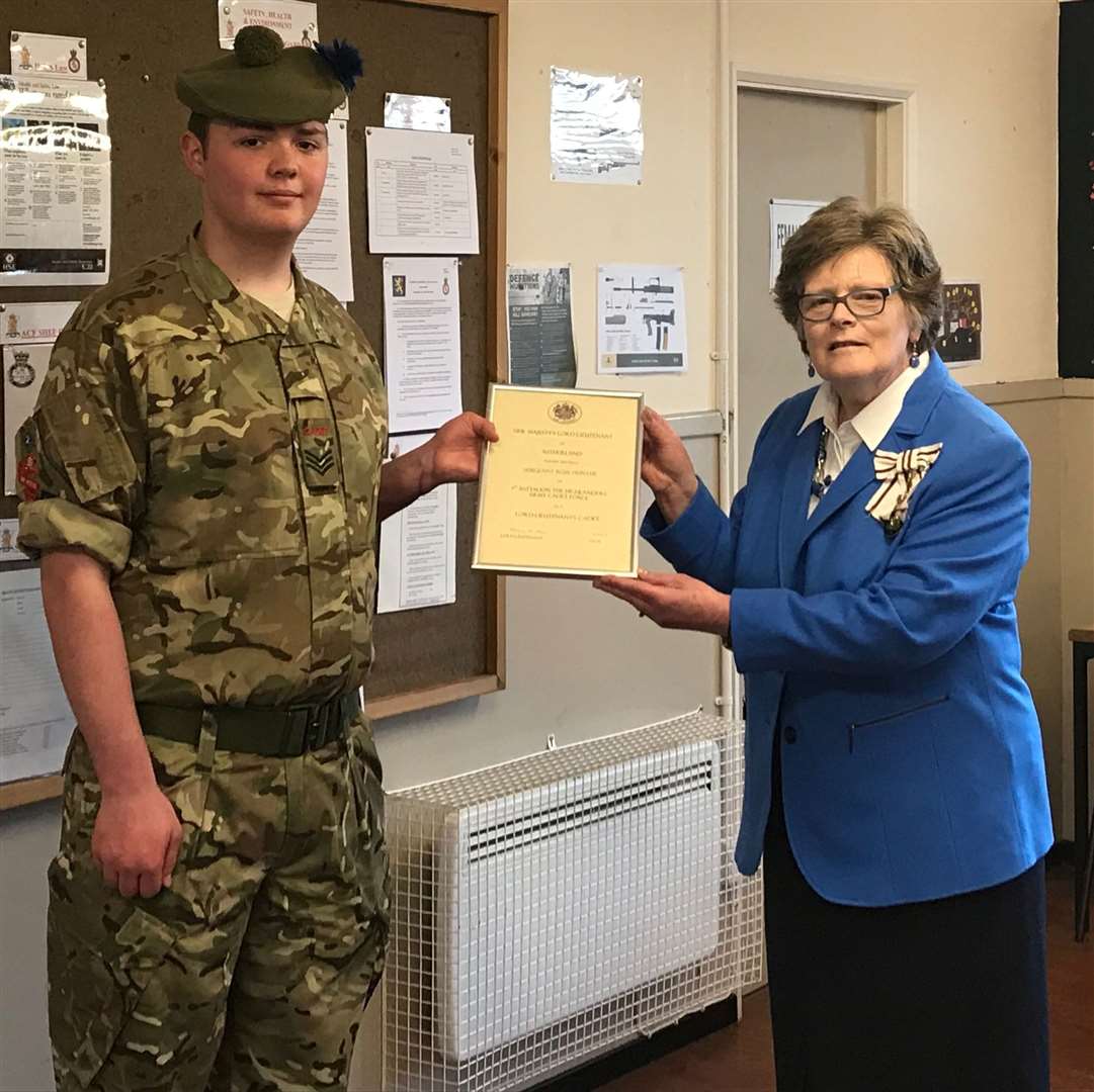Dr Monica Main, Lord Lieutenant of Sutherland, with her new cadet of the area, Sgt Hunter Ross.
