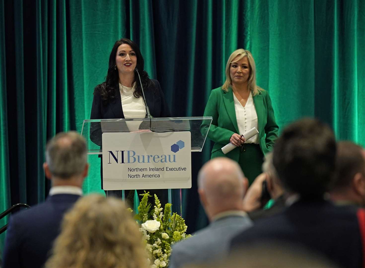 Deputy First Minister Emma Little-Pengelly speaks as Northern Ireland First Minister Michelle O’Neill (right) looks on at the Northern Ireland Bureau breakfast at the Waldorf Astoria Hotel, in Washington DC (Niall Carson/PA)