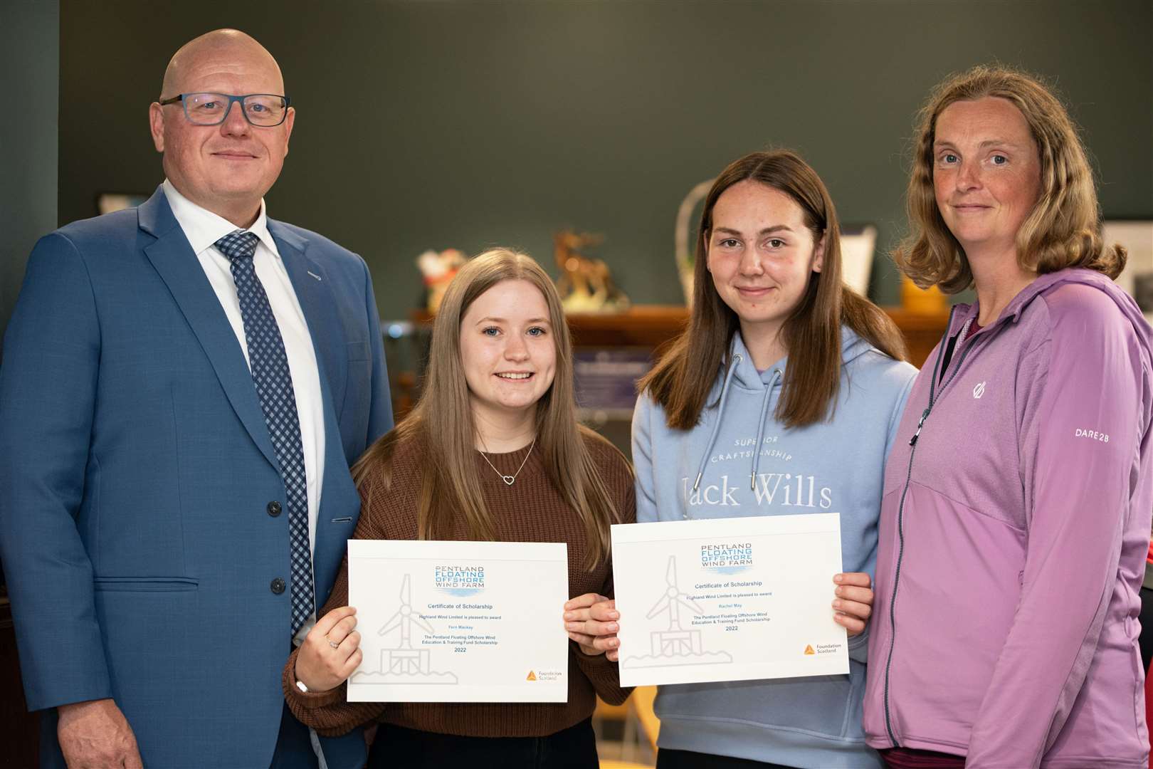 From left: Anders Galsgaard of Copenhagen Offshore Partners, bursary recipients Fern Mackay and Rachel May, and Eilidh Coll of Foundation Scotland.