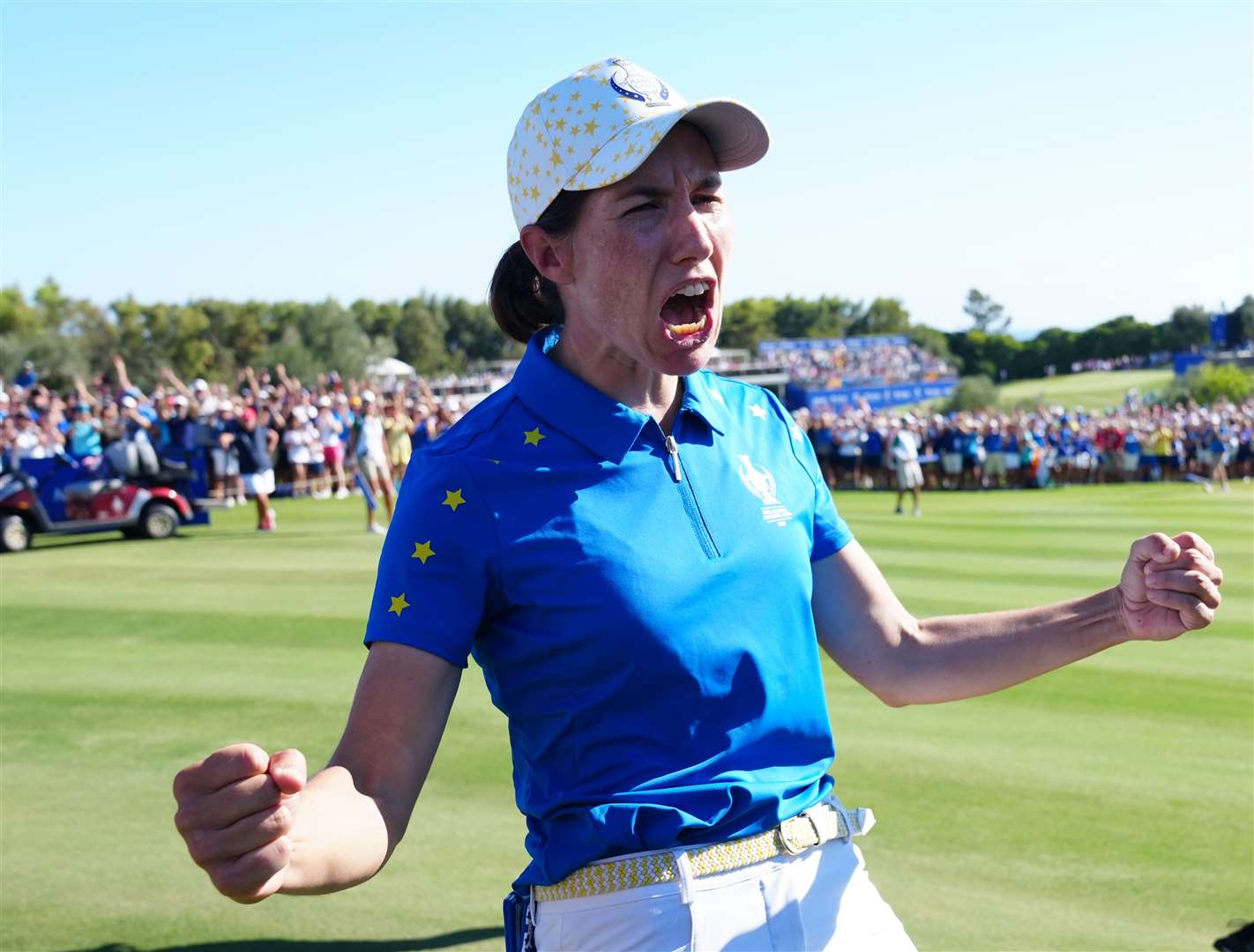 Europe’s Carlota Ciganda reacts after Team Europe retain The Solheim Cup during day three of the 2023 Solheim Cup at Finca Cortesin, Malaga (John Walton/PA)