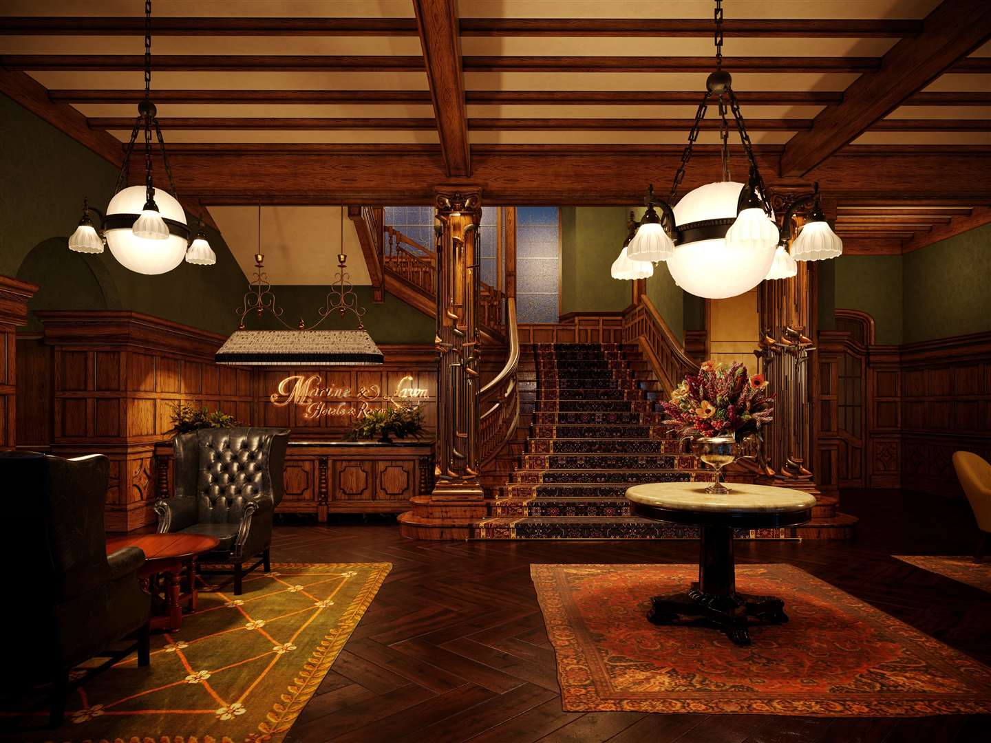 The lobby houses existing wood panelling as the design aims to restore and celebrate the original design features.