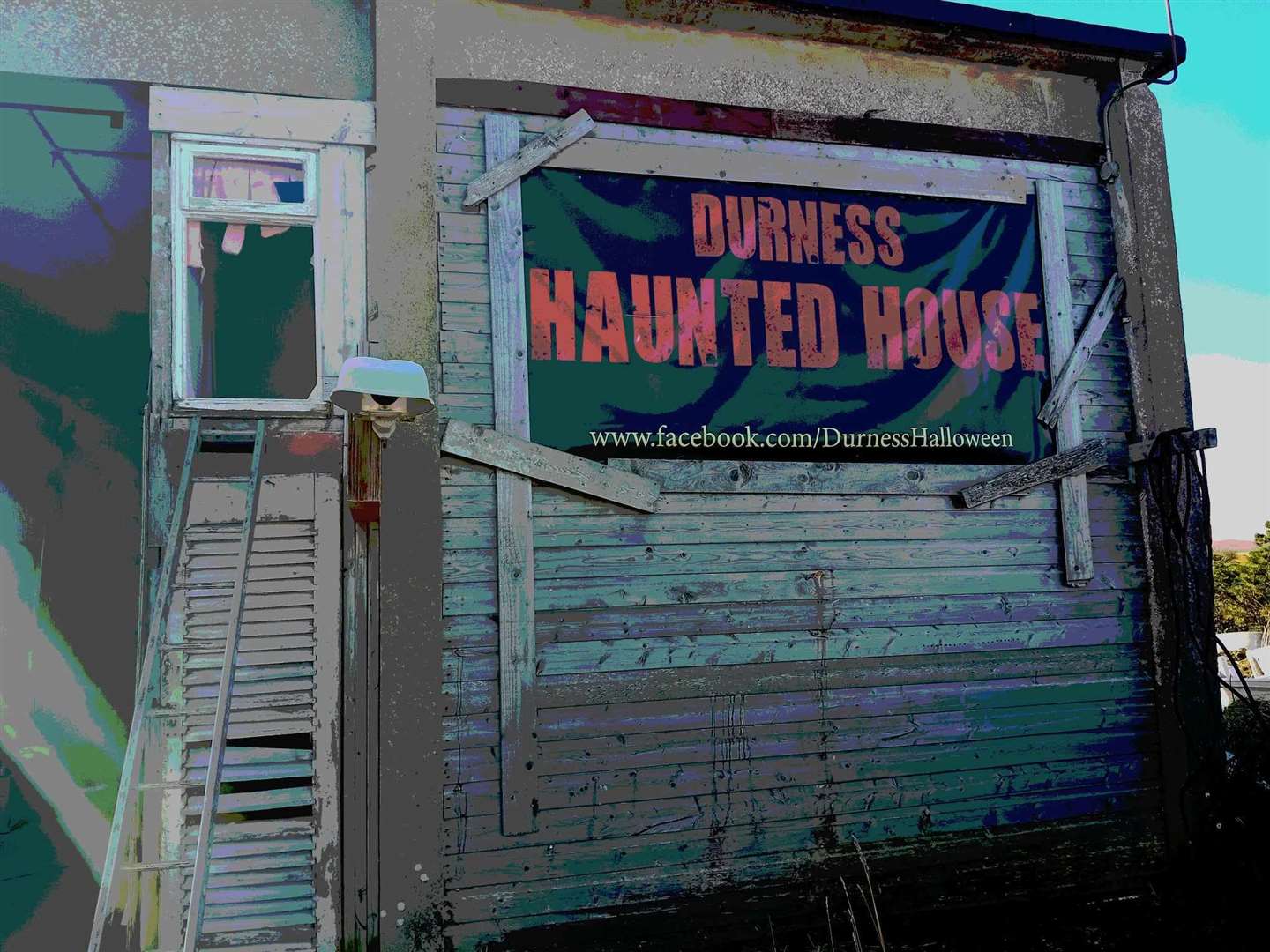 An abandoned, empty shell of a building has been turned into a spooky house over two storeys.