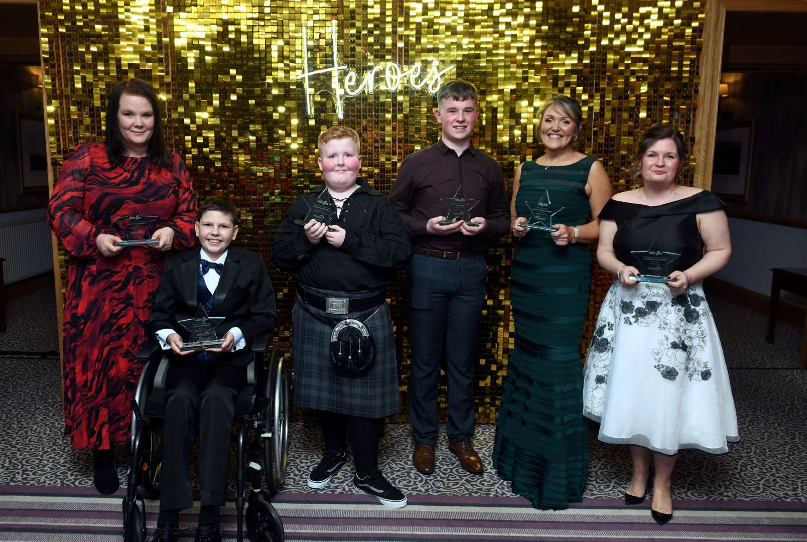 Some of the Highland Heroes winners: Jane MacKintosh, Vilis Forstmanis, Mason Campbell, Jack Ross, Jillian Kean (Merkinch Primary) and Catherine Ferguson. Picture: James Mackenzie