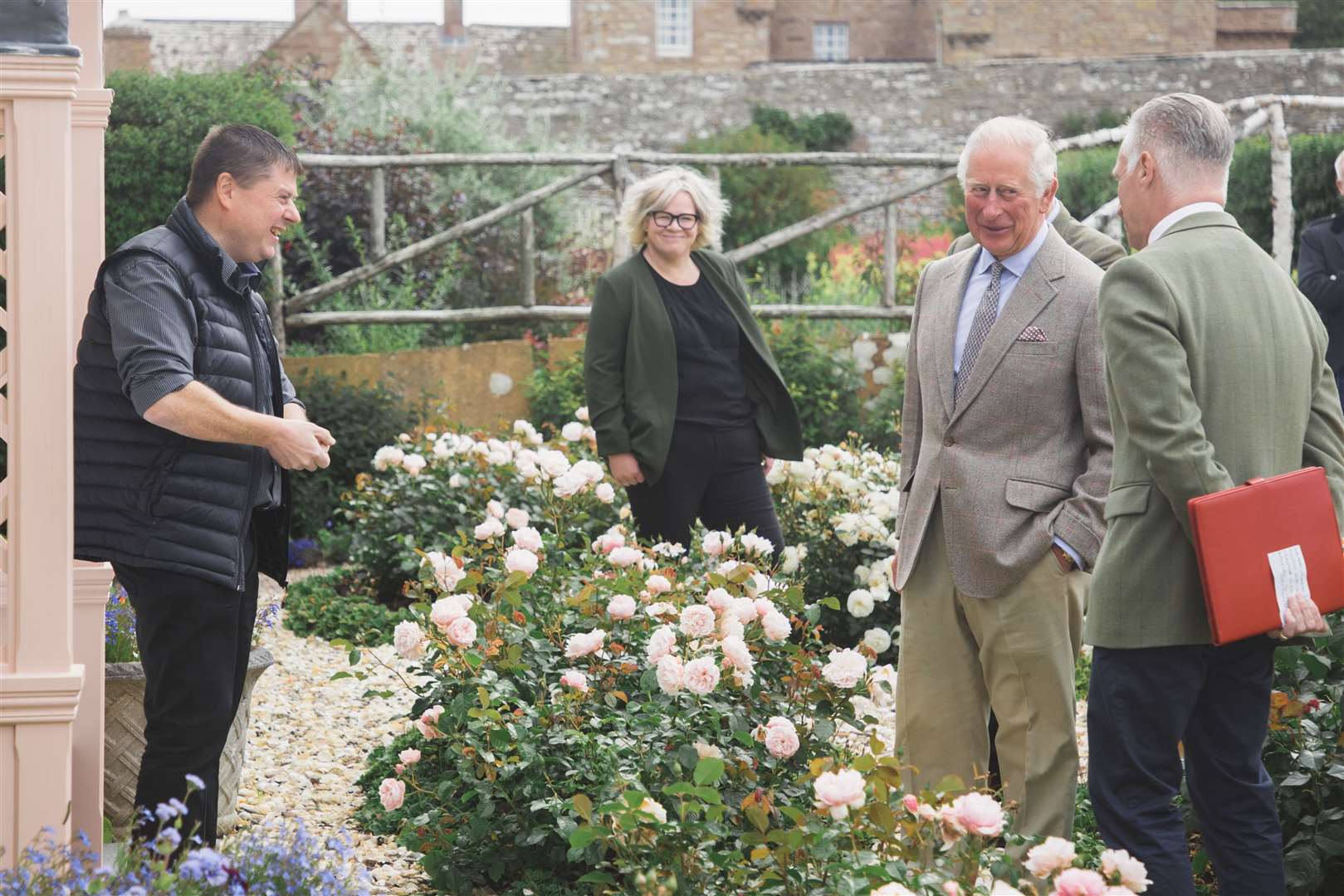 Andrew Mowat (left) of John O’Groats Community Trust meeting the Duke of Rothesay at the Castle of Mey yesterday, with Joan Lawrie of Thurso Community Development Trust looking on along with Robert Lovie of the Prince’s Foundation. Picture: Colin Campbell