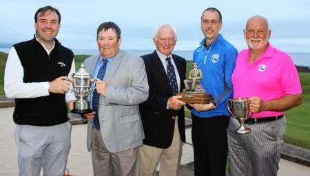 Braid winners, from left: Donald Sutherland (Brora club captain); Bryan Fotheringham (Forres); Malcolm Campbell (captain James Braid Society); Tony Gill, Brora; and Ken Lorimer, Brora.