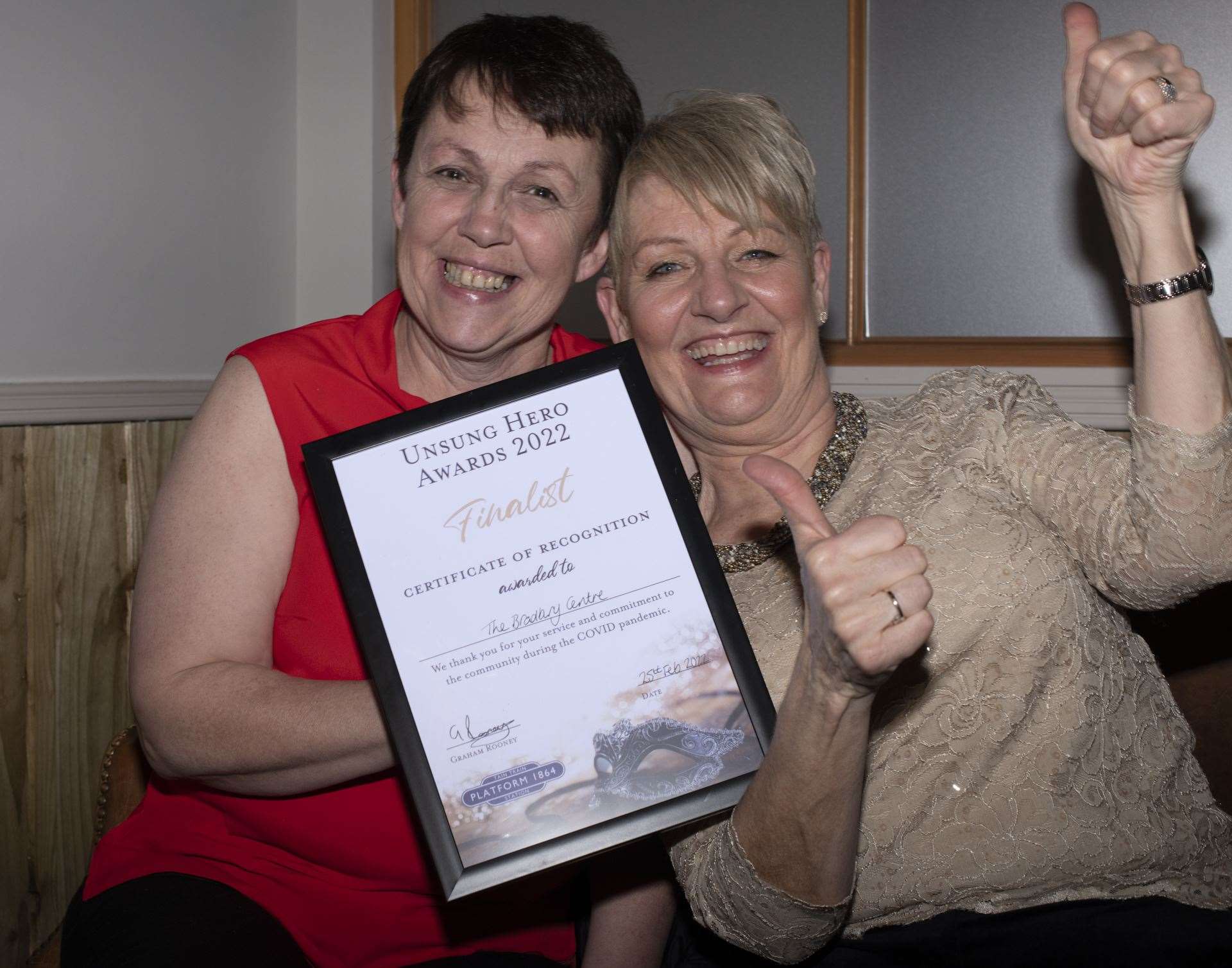 Lorraine Askew and Elizabeth Ross pick up the Bradbury Centre Certificate of Recognition. Picture: Gillian Frampton