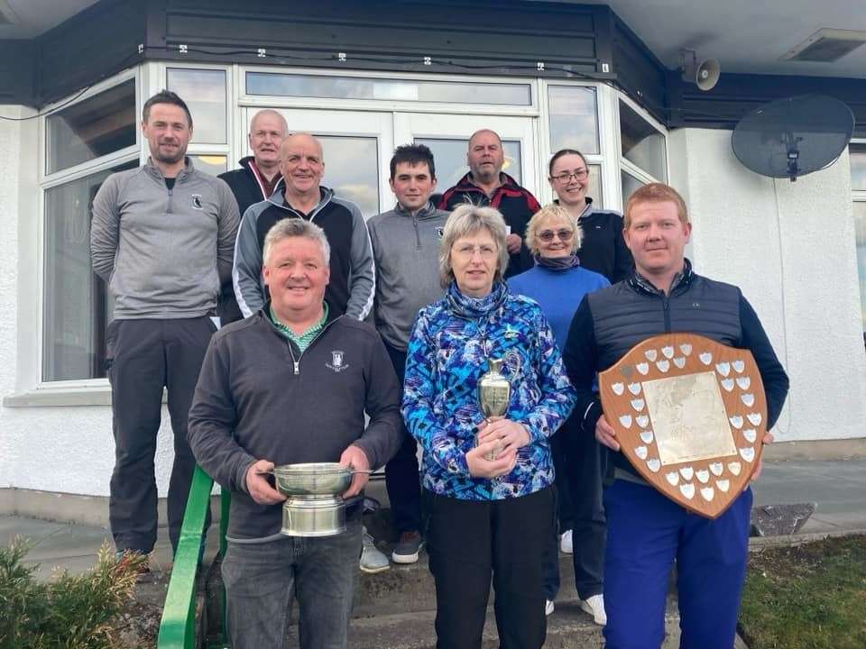 Durness scooped the team prize, Neil MacRae, collector of many of the points displays the shield. Other trophy winners in the picture are Munro Ferries, Tain who was overall scratch winner and Angela Grant, Brora, overall Ladies Champion