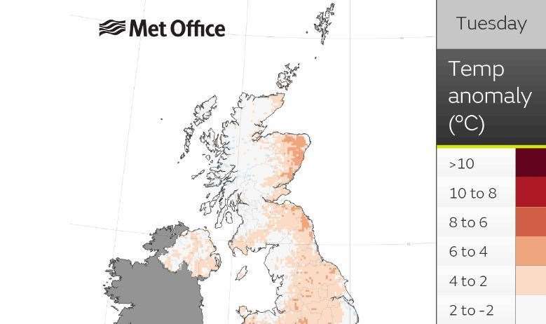Temperatures are forecast to rise over the weekend and into the early part of next week. This Met Office graphic shows temperatures compared with the difference to average.