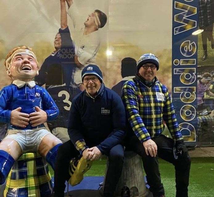 Jimmy and Alan at Murrayfield with Oor Doddie.