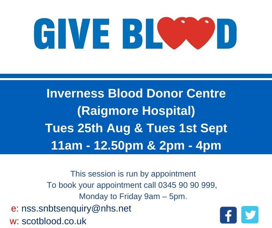 Inverness Blood Donor Centre at Raigmore Hospital will be open this Tuesday.