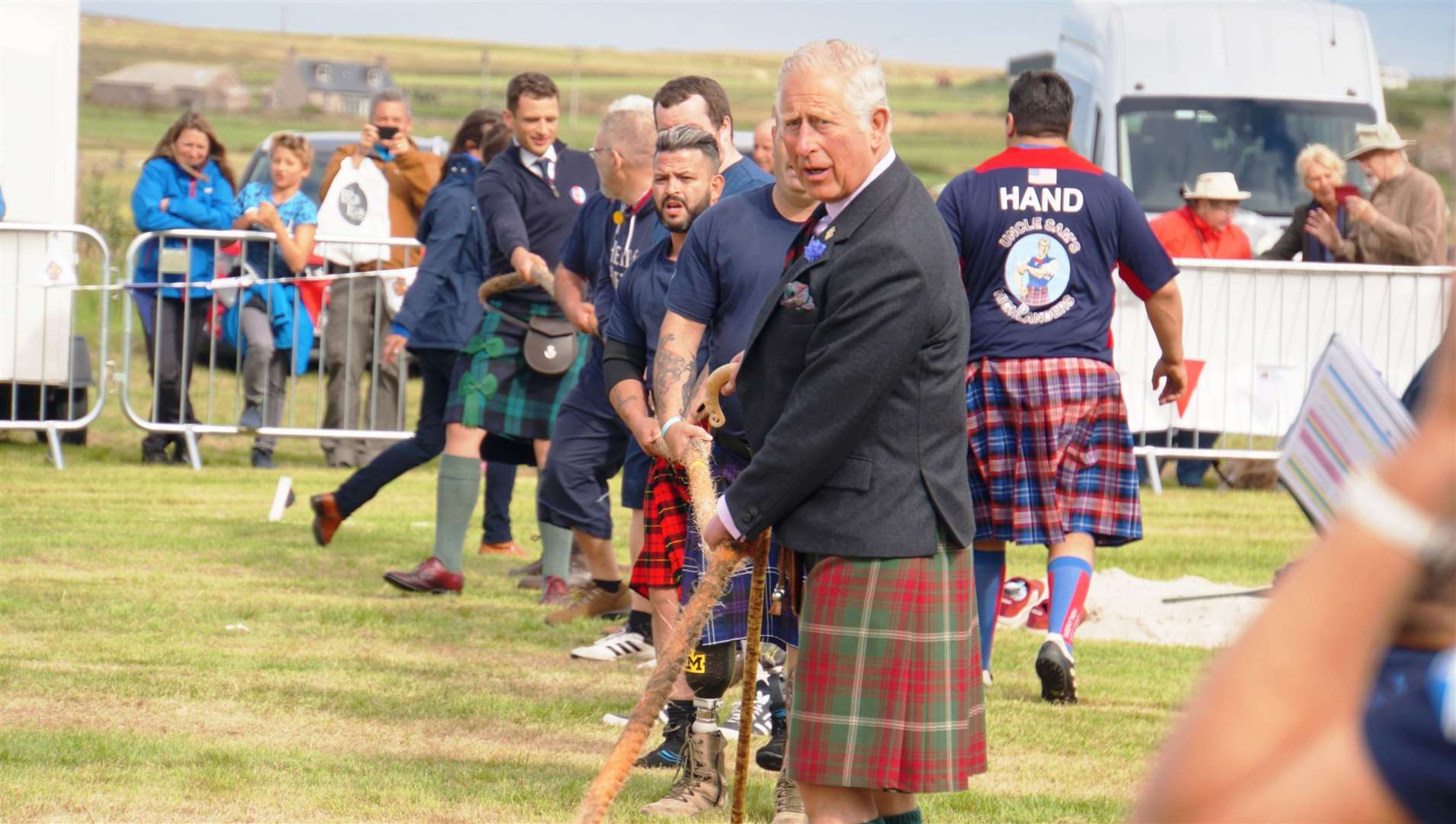Prince Charles presides over the tug of war competition at the 2018 Mey Games. Photo: DGS