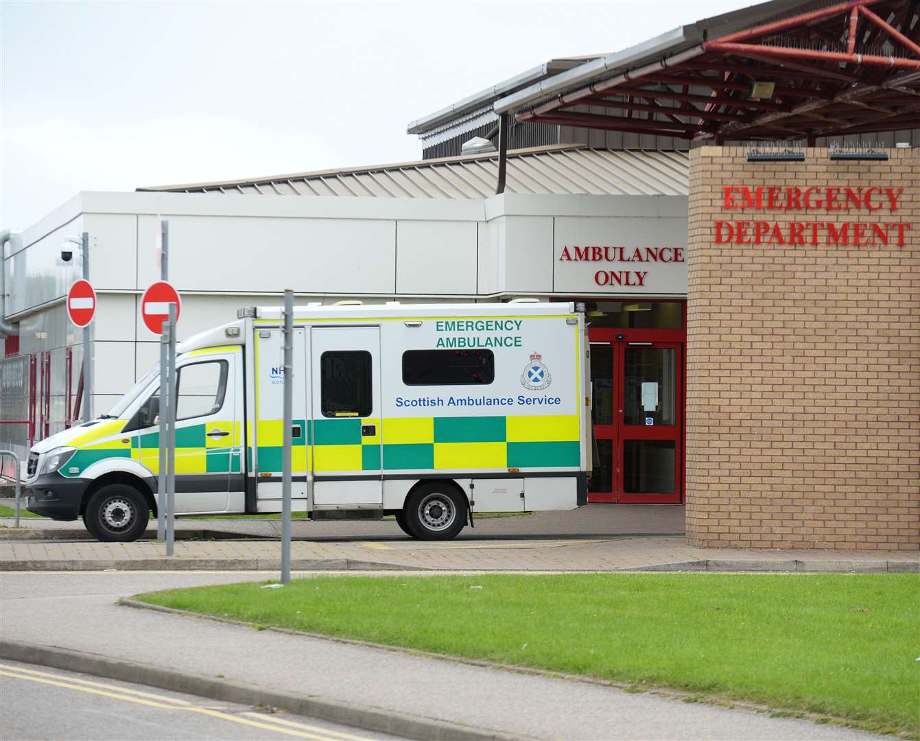 An ambulance arrives at Raigmore Hospital.