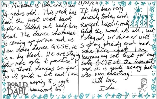Twits postcard which Isla wrote a message on (Lydia Jourdain/PA)