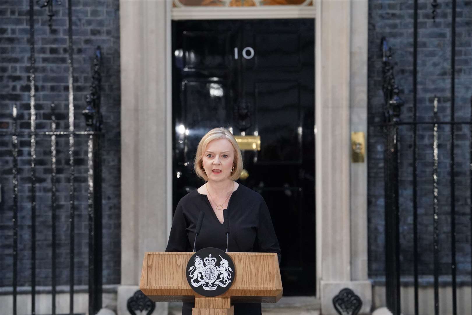 Prime Minister Liz Truss reads a statement outside 10 Downing Street following the death of the Queen (Dominic/PA)