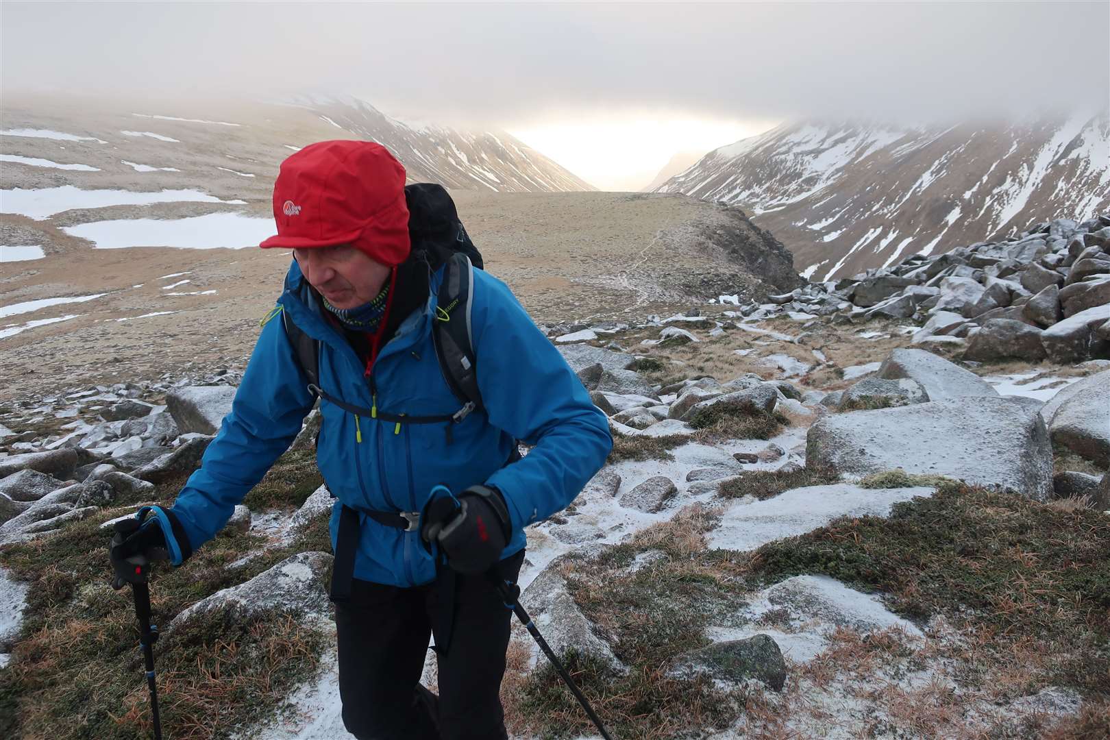 Peter Evans on the ascent to Lurcher's Crag last winter with the Lairig Ghru behind.