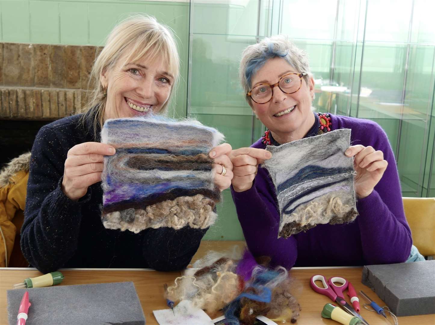 Fay Smith and Julieann Fullerton took home beautiful textile pieces that they created at the needle felting class, taken by tutor Catherine Jones. Picture: Peter Wild