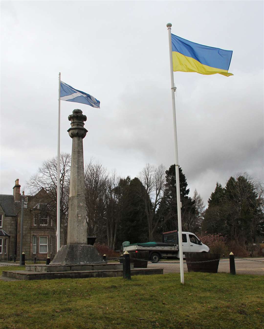 Solidarity: the saltire and the Ukrainian flag stand together in The Square at Grantown