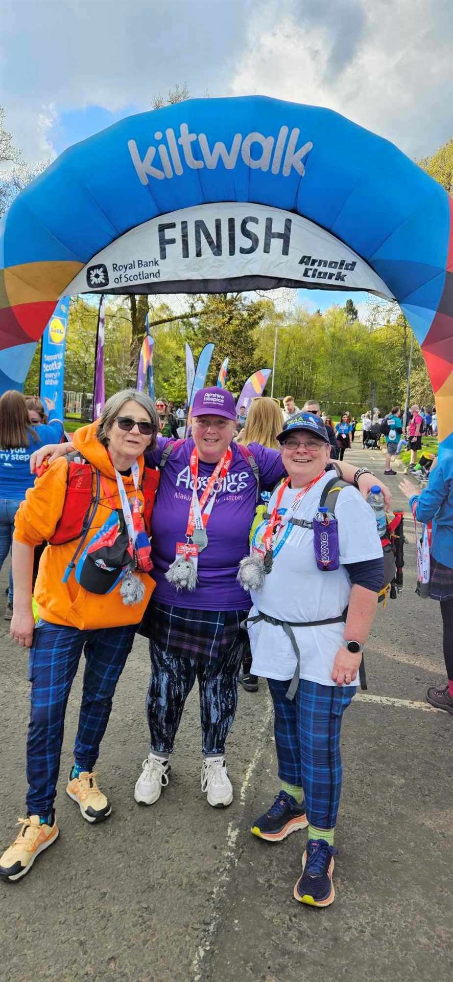 Hazel MacLean left at the finish line of the Glasgow Kiltwalk's Mighty Stride with friends Hazel Murdoch, who was walking for Ayrshire Hospice, and Jjakki Kyle who was walking for Scotland's Charity Air Ambulance.