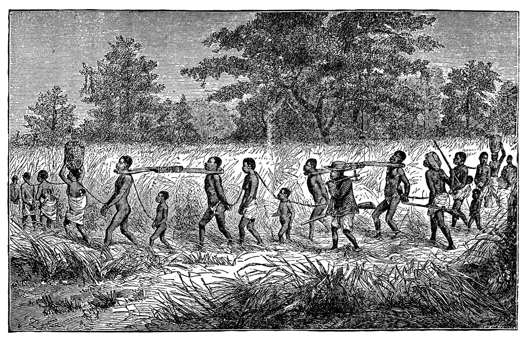 A Victorian engraving of Africans being taken by slave traders.
