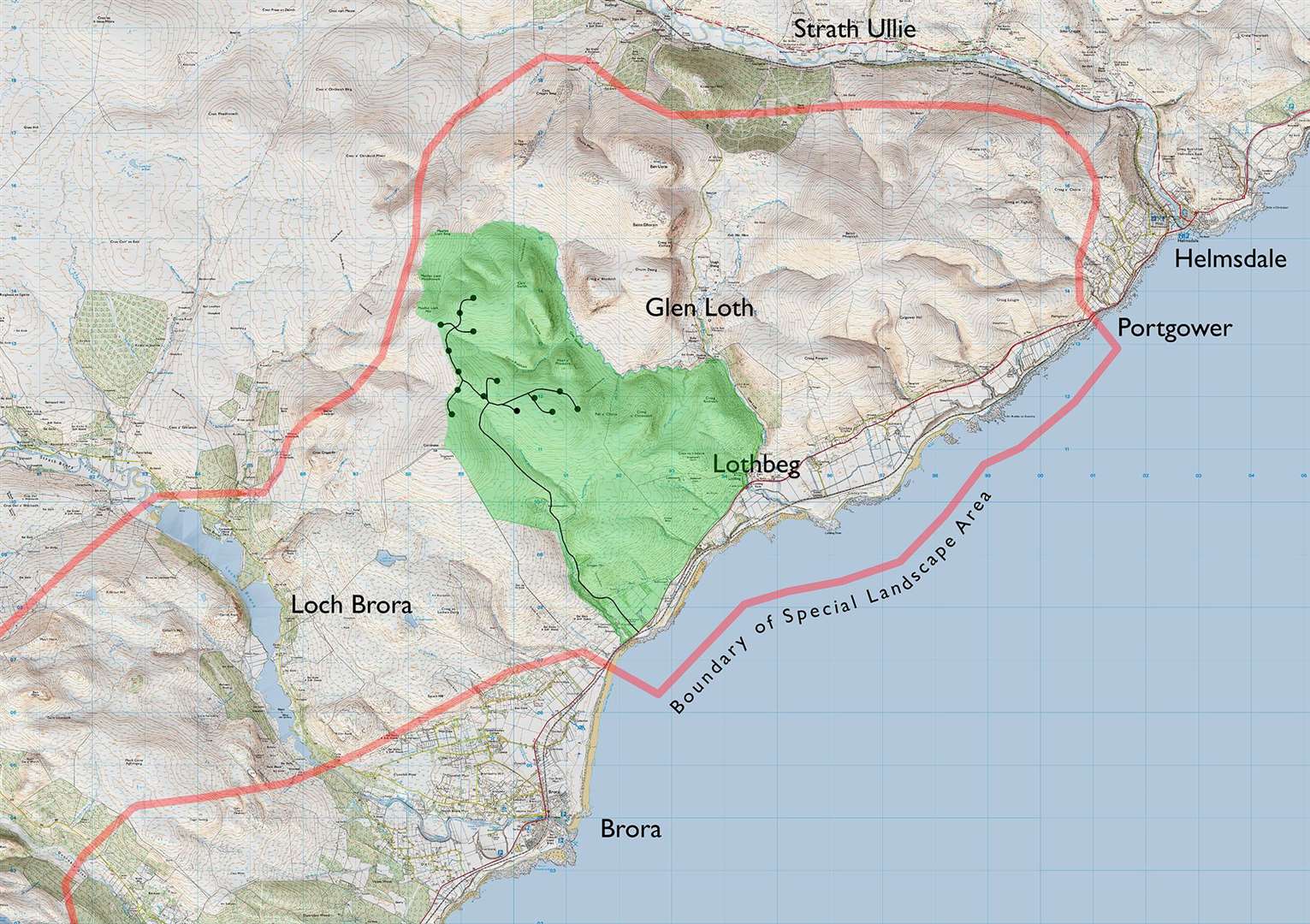 This map shows the boundary of the special landscape area in red and the proposed locations of the turbines.