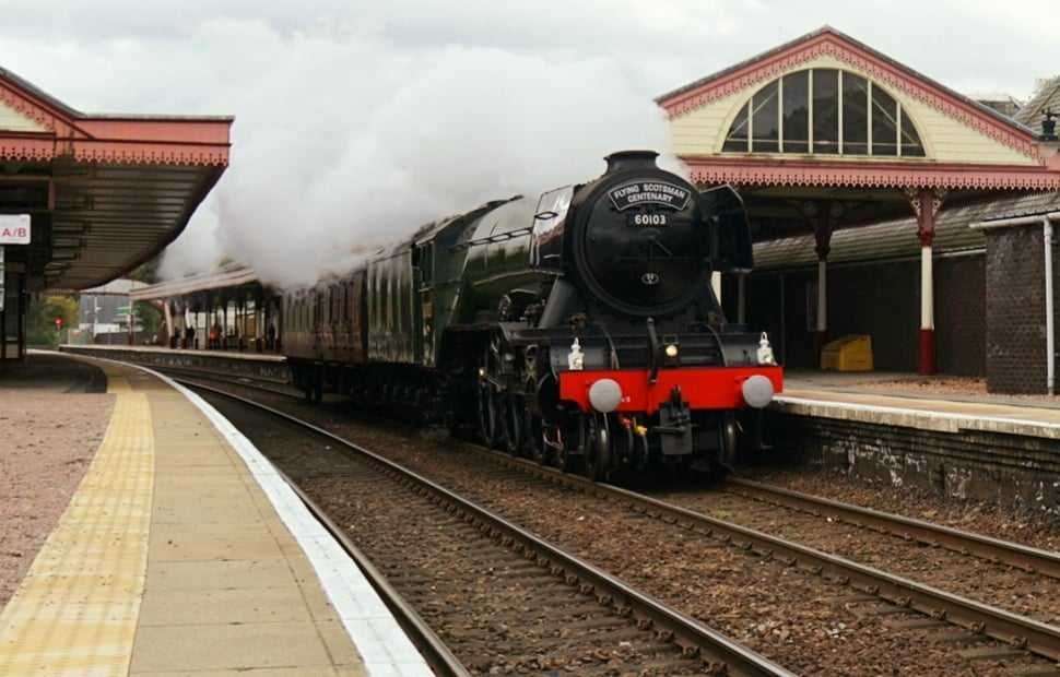 The Flying Scotsman leaving Aviemore after an eventful visit north.
