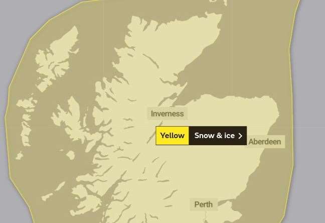 The whole of Scotland is covered by the first warning for snow and ice, which runs from 3pm on Wednesday until 11.59pm on Thursday. Picture: Met Office.