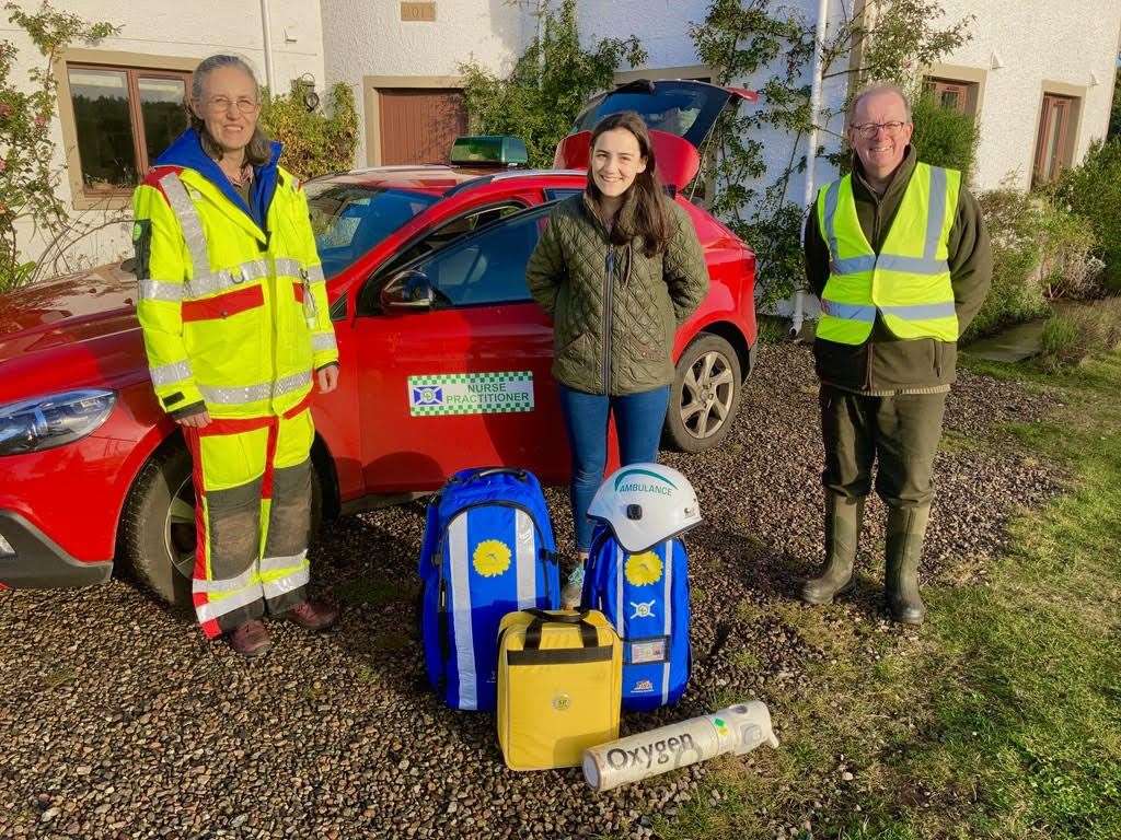 The Marriotts with equipment the Sandpiper Trust provides which includes a fully stocked medical bag, defibrillator, oxygen and medication.