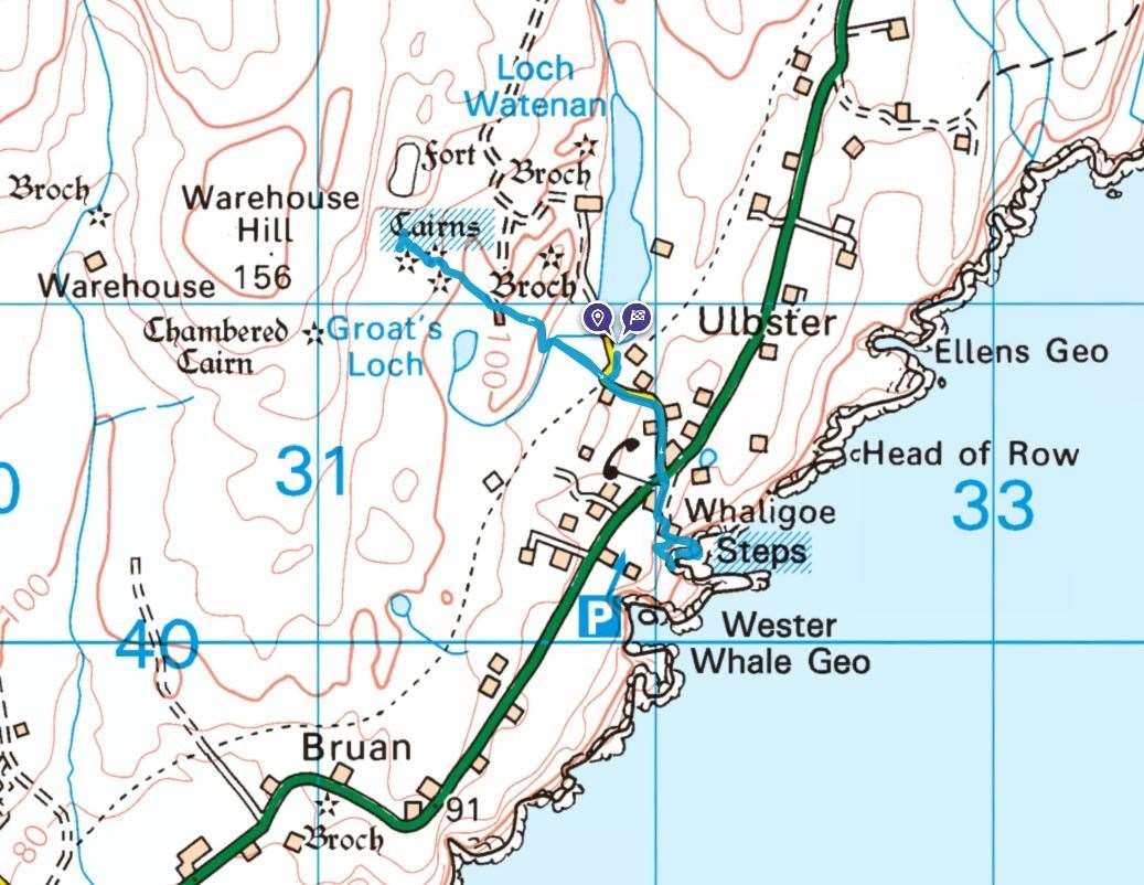 Cairn O'Get and Whaligoe Steps route. ©Crown copyright 2023 Ordnance Survey. Media 025/23.