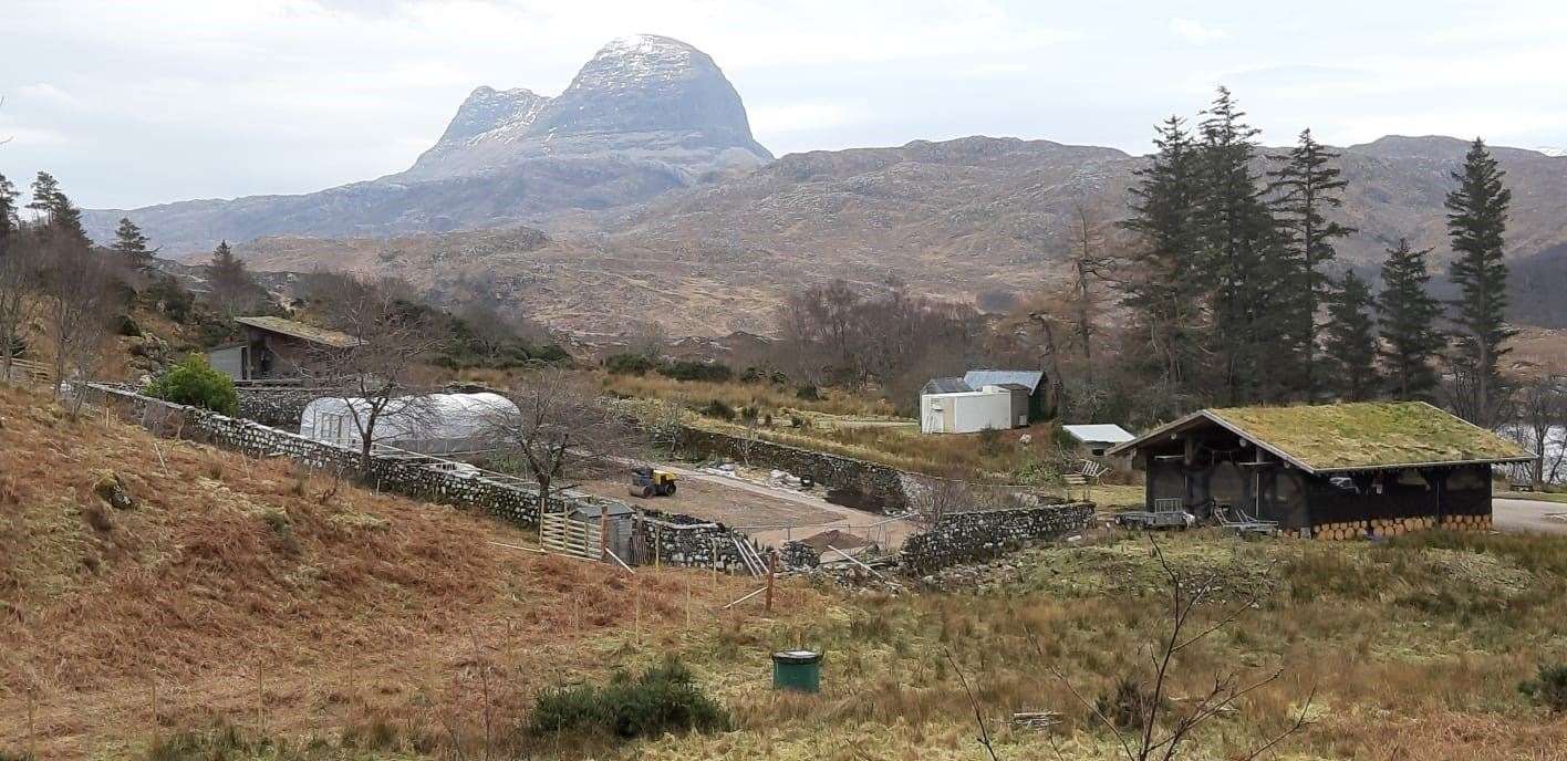 The walled garden at Glencanisp is in a stunning location, with Suilven towering in the background.
