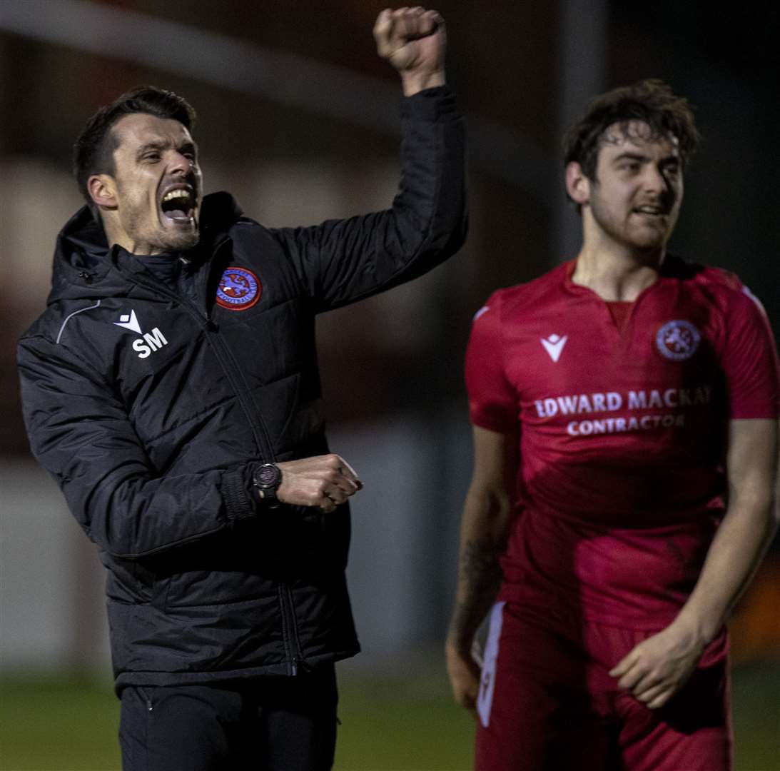 Manager Steven Mackay (left) and striker Jordan MacRae celebrate Tuesday’s wonderful 2–1 triumph over Hearts at the final whistle. Picture: Ken Macpherson