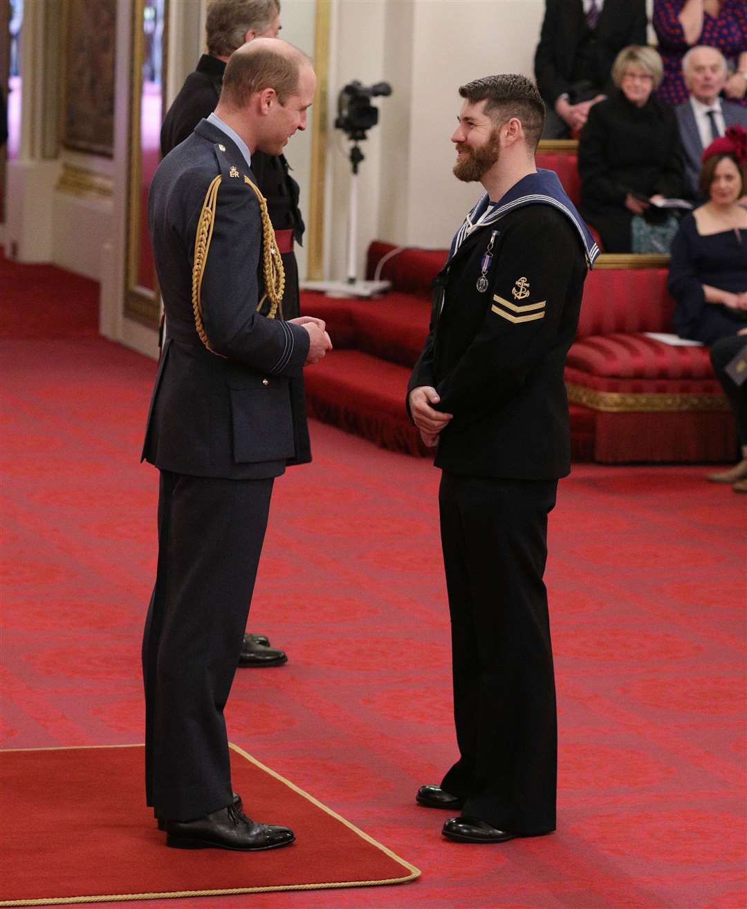 Leading seaman David Groves, Royal Navy, is decorated with the Queen’s Gallantry Medal by the Duke of Cambridge at Buckingham Palace (PA)