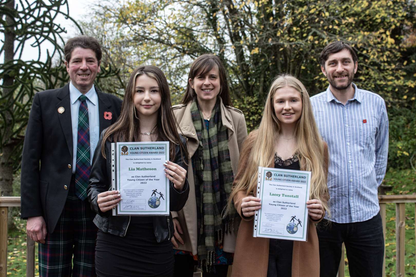 Last year's winners (front, from left) Lia Matheson and Lacey Tunstall with (back) Mark Sutherland-Fisher, president of the Clan Sutherland Society in Scotland, Dr Lady Elizabeth Costin, of the clan chief’s family, and Northern Times content editor John Davidson.