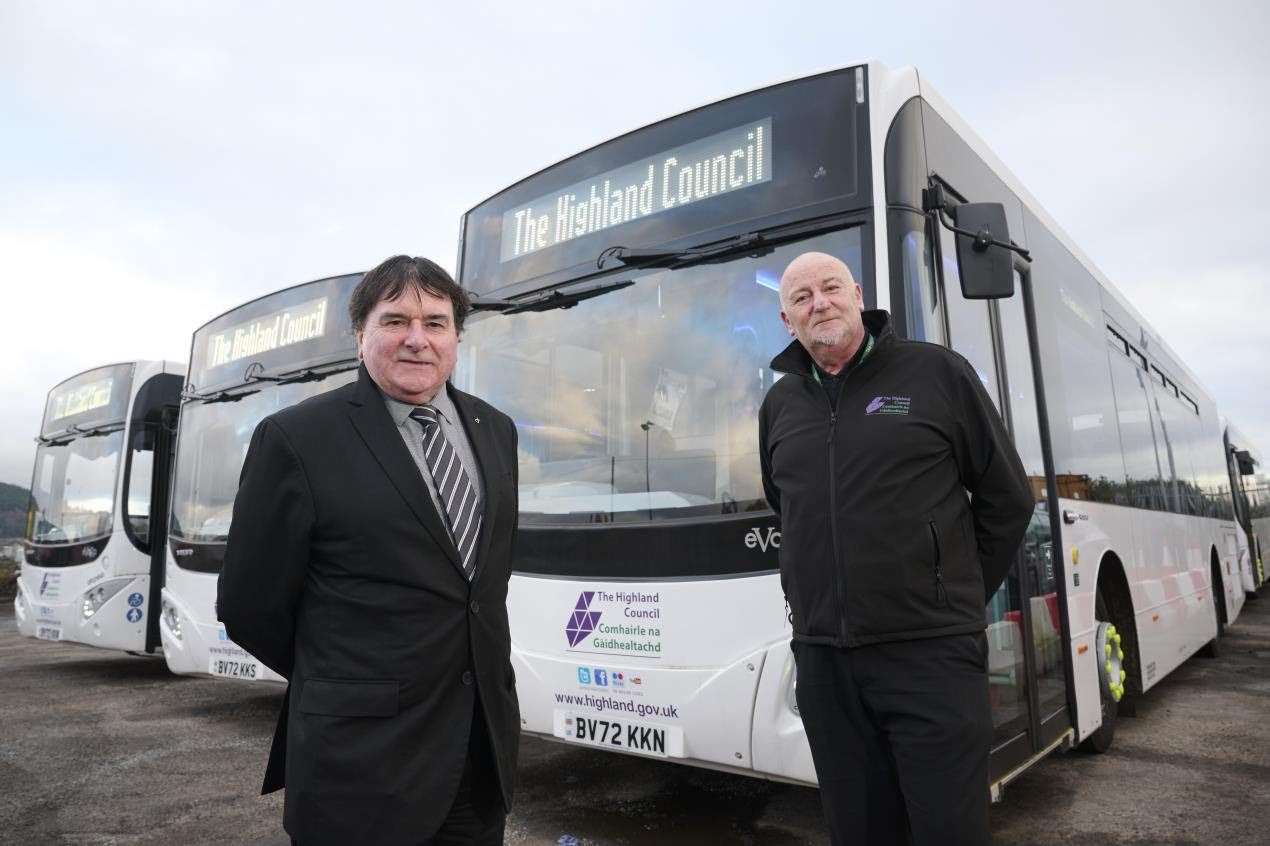 Pictured with some of the council's buses ahead of the launch of the new in-house services back in January are the chairman of the economy and infrastructure committee, Cllr Ken Gowans, and project manager Ali MacDonald
