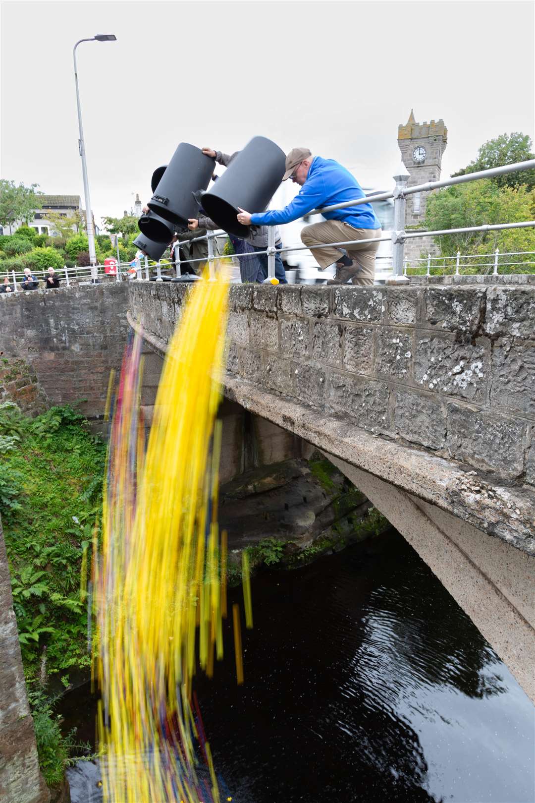A total of 2,400 ducks are tipped over the bridge at Brora and into the river. They will later be collected by kayakers.
