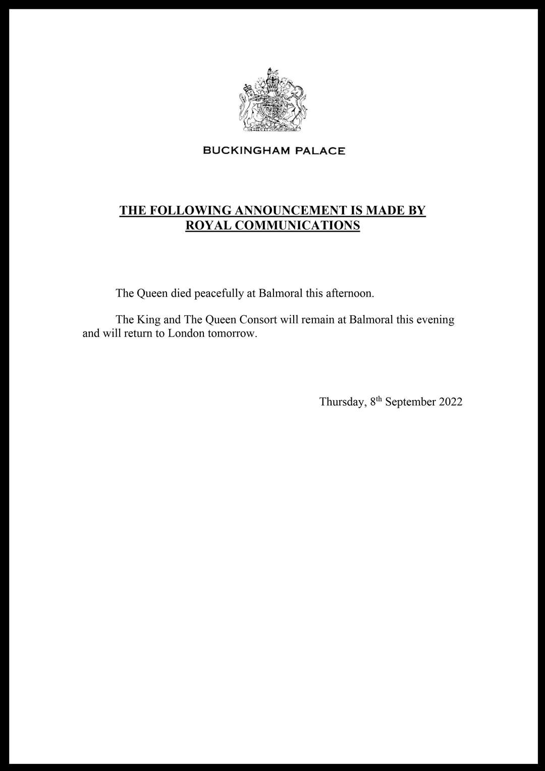 The announcement confirming the death of the Queen (Buckingham Palace/PA)