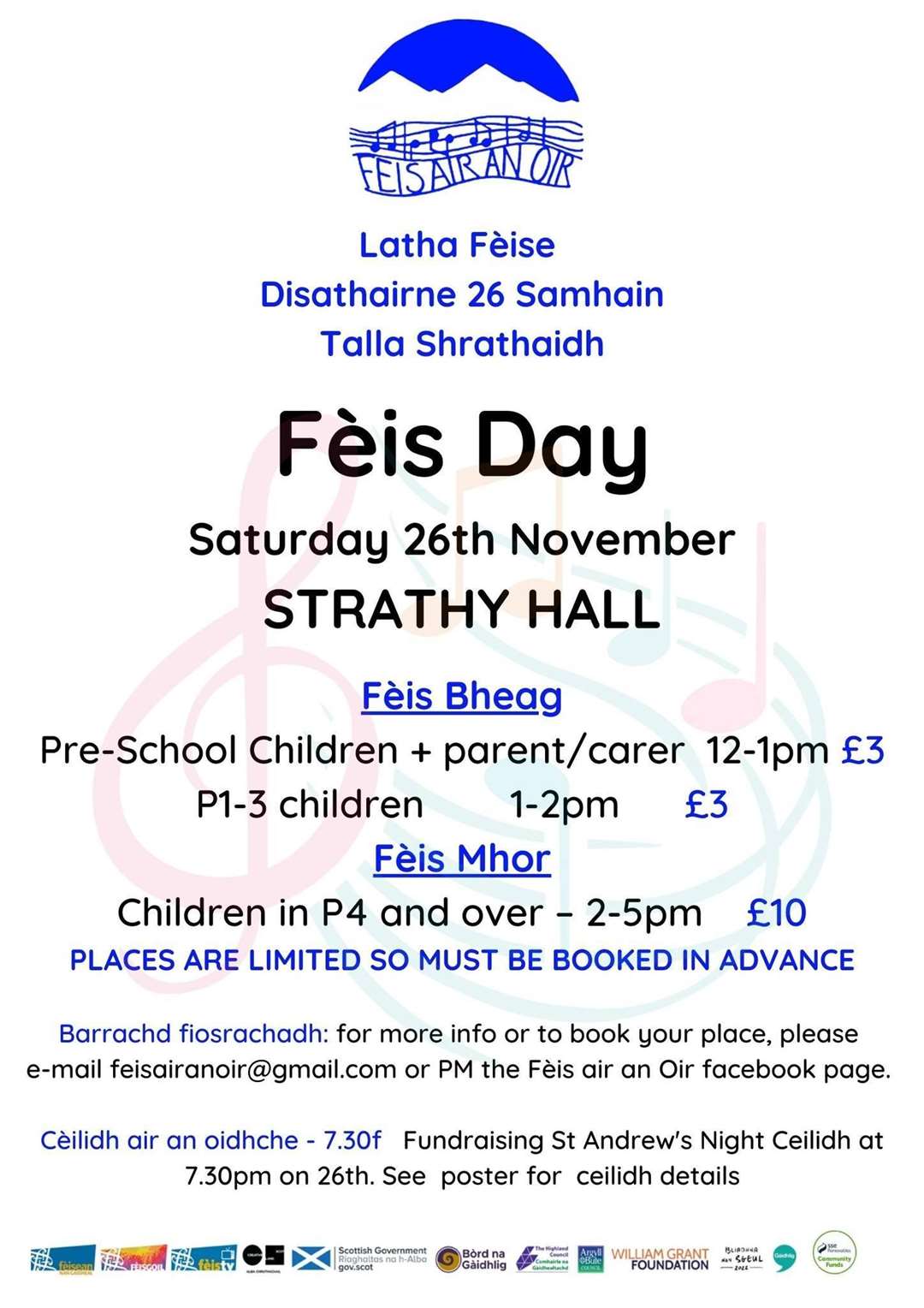 The venue for the Fèis Day is Strathy Hall.