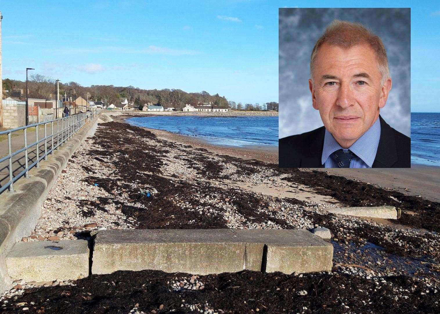Cllr Richard Gale, inset, is calling for planned flood defence schemes for Golspie to be accelerated.